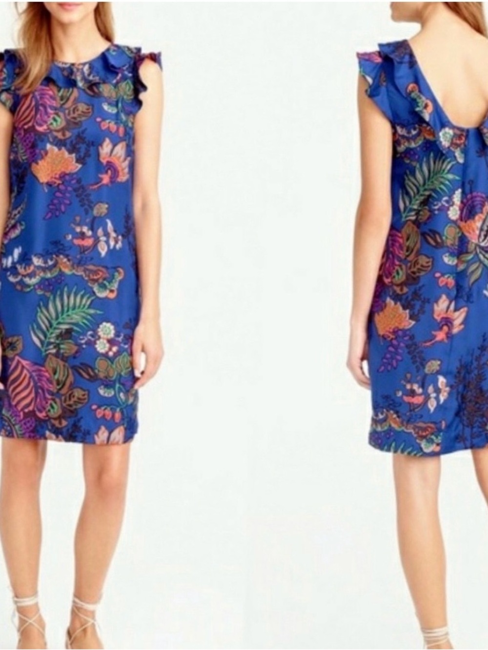 J.Crew 100% Silk Blue Tropical Floral Print Ruffle Sleeve Shift Dress Size 2